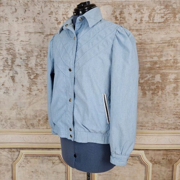 Vintage 1980s Blue Chambray Bomber Jacket Yoke vtg 80s Puff Sleeve S Light Denim - Picture 2 of 10